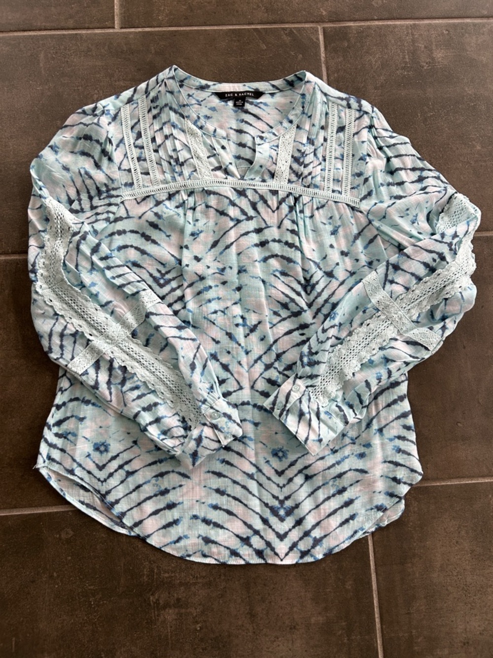 Zac & Rachel Light Blue and Navy Tie-Dye Crochet-Trim Top